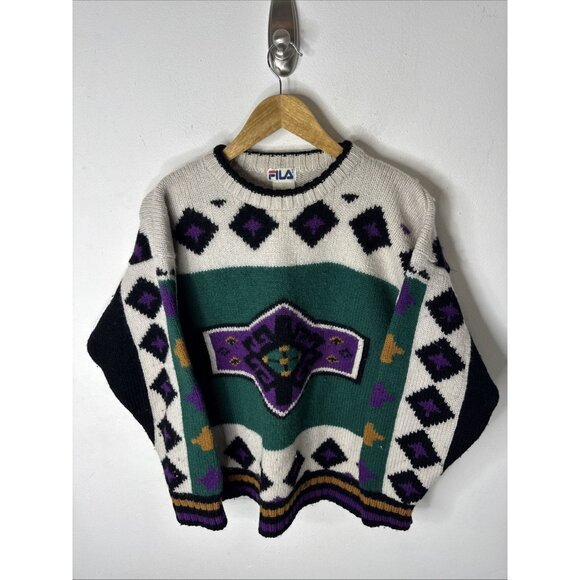 Vintage FILA Women’s Wool Sweater L Made in Hong Kong 80s 90s Geometric Knit Ski - Picture 1 of 7